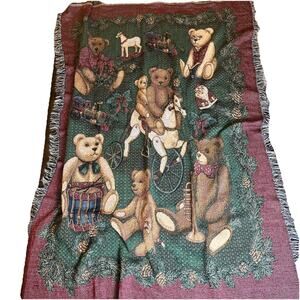 Christmas Teddy Bear Tapestry Fringe Throw Blanket Holiday Decor 52 x46